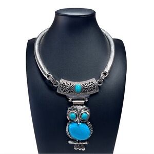Wise Owl Statement Figural Pendant Choker Necklace Turquoise Silver 15-17.5"